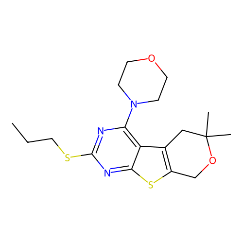 6,6-dimethyl-4-(morpholin-4-yl)-2-(propylsulfanyl)-5,8-dihydro-6H-pyrano[4',3':4,5]thieno[2,3-d]pyrimidine structure