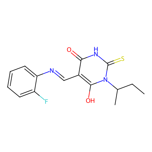 1-butan-2-yl-5-[(2-fluoroanilino)methylidene]-2-sulfanylidene-1,3-diazinane-4,6-dione structure
