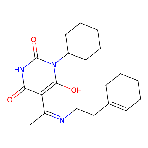 (E)-5-(1-((2-(cyclohex-1-en-1-yl)ethyl)amino)ethylidene)-1-cyclohexylpyrimidine-2,4,6(1H,3H,5H)-trione structure