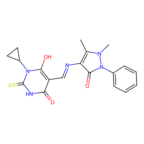 (E)-1-cyclopropyl-5-(((1,5-dimethyl-3-oxo-2-phenyl-2,3-dihydro-1H-pyrazol-4-yl)amino)methylene)-2-thioxodihydropyrimidine-4,6(1H,5H)-dione structure
