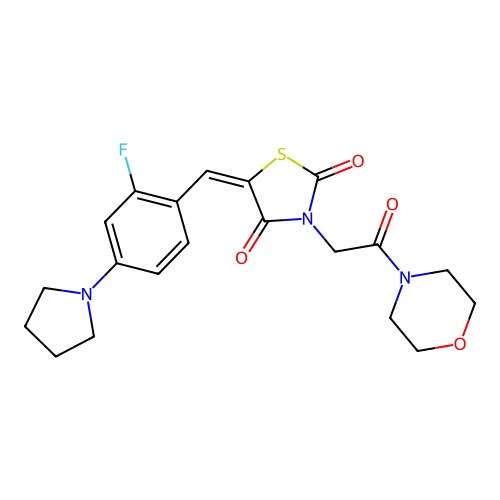(5E)-5-[2-fluoro-4-(pyrrolidin-1-yl)benzylidene]-3-[2-(morpholin-4-yl)-2-oxoethyl]-1,3-thiazolidine-2,4-dione structure