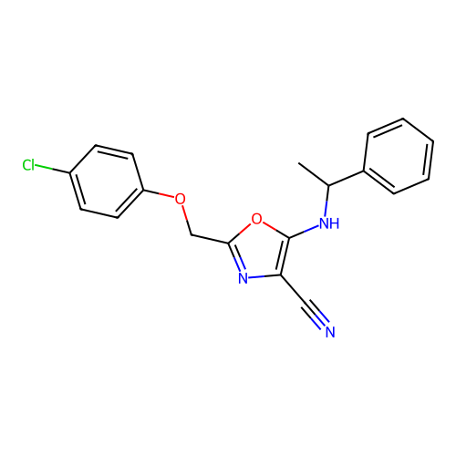 2-[(4-Chlorophenoxy)methyl]-5-[(1-phenylethyl)amino]-1,3-oxazole-4-carbonitrile structure