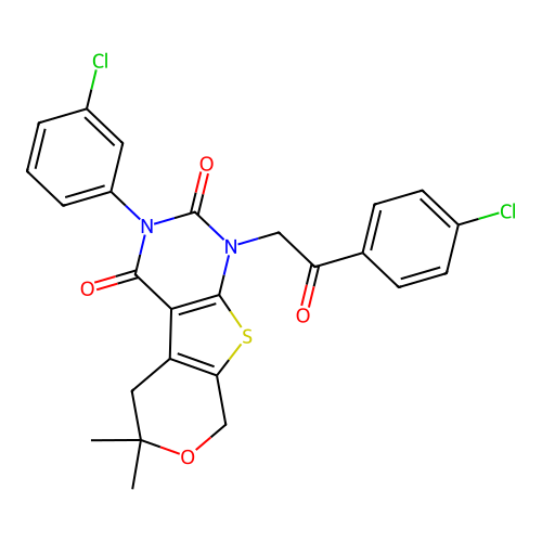 3-(3-chlorophenyl)-1-(2-(4-chlorophenyl)-2-oxoethyl)-6,6-dimethyl-5,6-dihydro-1H-pyrano[4',3':4,5]thieno[2,3-d]pyrimidine-2,4(3H,8H)-dione structure