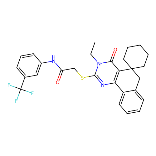 2-((3-ethyl-4-oxo-4,6-dihydro-3H-spiro[benzo[h]quinazoline-5,1'-cyclohexan]-2-yl)thio)-N-(3-(trifluoromethyl)phenyl)acetamide structure