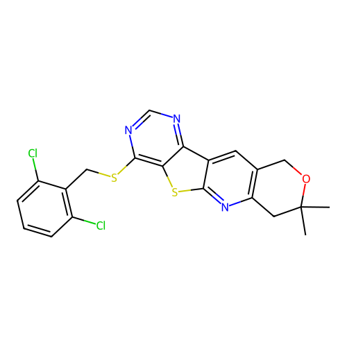2,6-DICHLOROBENZYL (8,8-DIMETHYL-7,10-DIHYDRO-8H-PYRANO[3'',4'':5',6']PYRIDO[3',2':4,5]THIENO[3,2-D]PYRIMIDIN-4-YL) SULFIDE structure