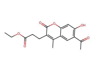 Ethyl 3-(6-acetyl-7-hydroxy-4-methyl-2-oxo-2H-1-benzopyran-3-yl)propanoate structure