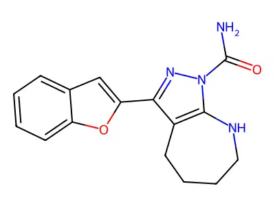 3-(1-benzofuran-2-yl)-5,6,7,8-tetrahydro-4H-pyrazolo[5,4-b]azepine-1-carboxamide structure