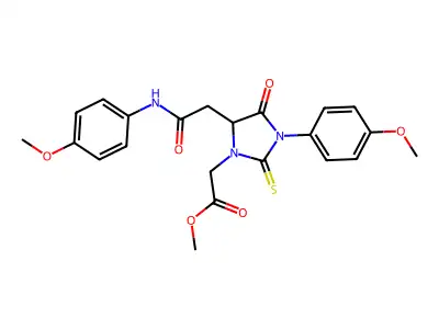 methyl [3-(4-methoxyphenyl)-5-{2-[(4-methoxyphenyl)amino]-2-oxoethyl}-4-oxo-2-thioxoimidazolidin-1-yl]acetate structure