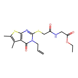 Ethyl 2-[2-(5,6-dimethyl-4-oxo-3-prop-2-enyl-3-hydrothiopheno[2,3-d]pyrimidin-2-ylthio)acetylamino]acetate structure