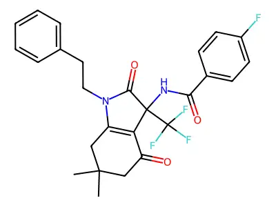 N-[6,6-DIMETHYL-2,4-DIOXO-1-(2-PHENYLETHYL)-3-(TRIFLUOROMETHYL)-5,7-DIHYDROINDOL-3-YL]-4-FLUOROBENZAMIDE structure
