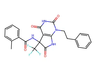 2-methyl-N-(2,4,6-trioxo-1-phenethyl-5-(trifluoromethyl)-2,3,4,5,6,7-hexahydro-1H-pyrrolo[2,3-d]pyrimidin-5-yl)benzamide structure
