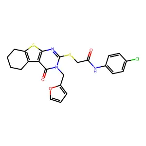 N-(4-chlorophenyl)-2-[3-(2-furylmethyl)-4-oxo(3,5,6,7,8-pentahydrobenzo[b]thio pheno[2,3-d]pyrimidin-2-ylthio)]acetamide structure