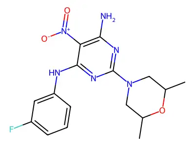 2-(2,6-dimethylmorpholin-4-yl)-N-(3-fluorophenyl)-5-nitropyrimidine-4,6-diamine structure