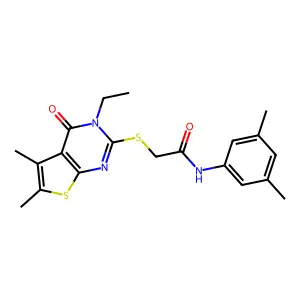 N-(3,5-Dimethylphenyl)-2-((3-ethyl-5,6-dimethyl-4-oxo-3,4-dihydrothieno[2,3-d]pyrimidin-2-yl)thio)acetamide structure