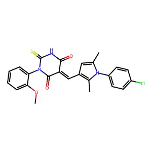 (5Z)-5-[[1-(4-chlorophenyl)-2,5-dimethylpyrrol-3-yl]methylidene]-1-(2-methoxyphenyl)-2-sulfanylidene-1,3-diazinane-4,6-dione structure