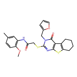 2-[3-(2-furylmethyl)-4-oxo(3,5,6,7,8-pentahydrobenzo[b]thiopheno[2,3-d]pyrimid in-2-ylthio)]-N-(2-methoxy-5-methylphenyl)acetamide structure