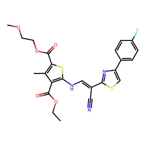 (Z)-4-ethyl 2-(2-methoxyethyl) 5-((2-cyano-2-(4-(4-fluorophenyl)thiazol-2-yl)vinyl)amino)-3-methylthiophene-2,4-dicarboxylate structure