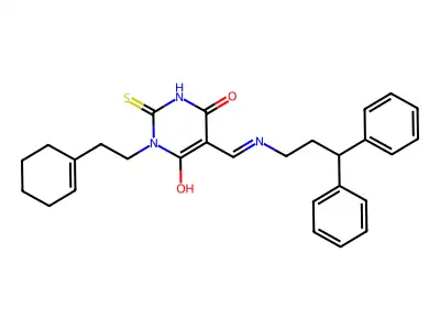 (5E)-1-[2-(cyclohex-1-en-1-yl)ethyl]-5-{[(3,3-diphenylpropyl)amino]methylidene}-2-sulfanylpyrimidine-4,6(1H,5H)-dione structure
