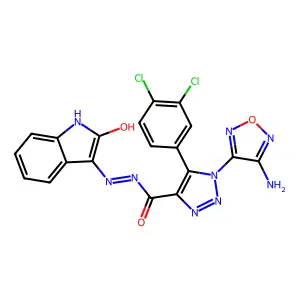 (Z)-1-(4-amino-1,2,5-oxadiazol-3-yl)-5-(3,4-dichlorophenyl)-N'-(2-oxoindolin-3-ylidene)-1H-1,2,3-triazole-4-carbohydrazide structure