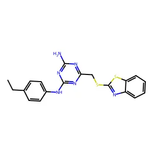 6-[(1,3-benzothiazol-2-ylthio)methyl]-N-(4-ethylphenyl)-1,3,5-triazine-2,4-diamine structure