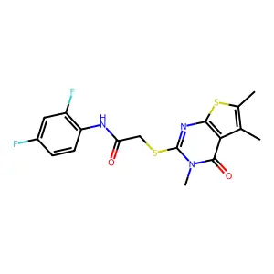 N-(2,4-difluorophenyl)-2-(3,5,6-trimethyl-4-oxo(3-hydrothiopheno[2,3-d]pyrimid in-2-ylthio))acetamide structure