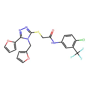 N-[4-chloro-3-(trifluoromethyl)phenyl]-2-{[5-(furan-2-yl)-4-(furan-2-ylmethyl)-4H-1,2,4-triazol-3-yl]sulfanyl}acetamide structure
