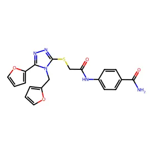 4-[({[5-(furan-2-yl)-4-(furan-2-ylmethyl)-4H-1,2,4-triazol-3-yl]sulfanyl}acetyl)amino]benzamide structure
