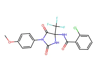 2-chloro-N-[1-(4-methoxyphenyl)-2,5-dioxo-4-(trifluoromethyl)imidazolidin-4-yl]benzamide structure