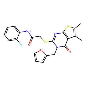 N-(2-fluorophenyl)-2-{[3-(furan-2-ylmethyl)-5,6-dimethyl-4-oxo-3,4-dihydrothieno[2,3-d]pyrimidin-2-yl]sulfanyl}acetamide structure