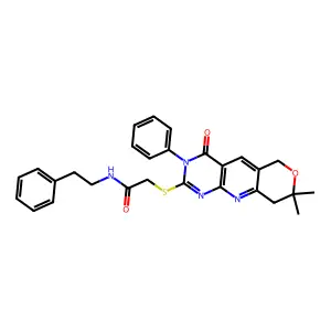 2-((8,8-dimethyl-4-oxo-3-phenyl-4,6,8,9-tetrahydro-3H-pyrano[3',4':5,6]pyrido[2,3-d]pyrimidin-2-yl)thio)-N-phenethylacetamide structure