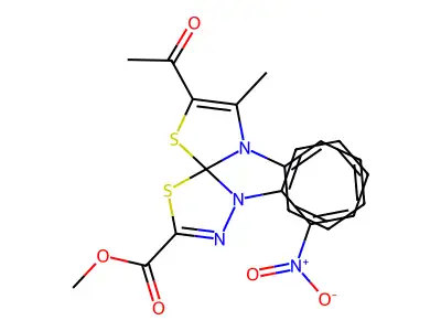 methyl 7-acetyl-8-methyl-1-(2-nitrophenyl)-9-phenyl-4,6-dithia-1,2,9-triazaspiro[4.4]nona-2,7-diene-3-carboxylate structure
