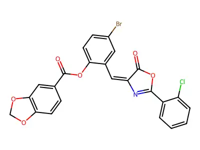 4-Bromo-2-{[2-(2-chlorophenyl)-5-oxo-1,3-oxazol-4(5H)-ylidene]methyl}phenyl 2H-1,3-benzodioxole-5-carboxylate structure