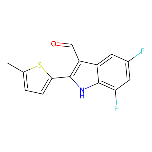 5,7-difluoro-2-(5-methylthiophen-2-yl)-1H-indole-3-carbaldehyde structure