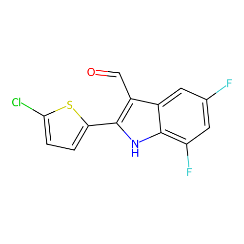 2-(5-chlorothiophen-2-yl)-5,7-difluoro-1H-indole-3-carbaldehyde structure
