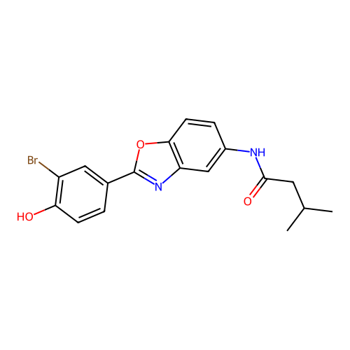 N-[2-(3-bromo-4-hydroxyphenyl)-1,3-benzoxazol-5-yl]-3-methylbutanamide structure