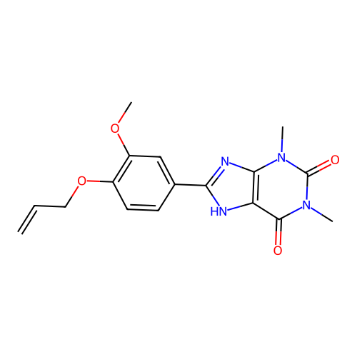 8-(3-methoxy-4-prop-2-enoxyphenyl)-1,3-dimethyl-7H-purine-2,6-dione structure