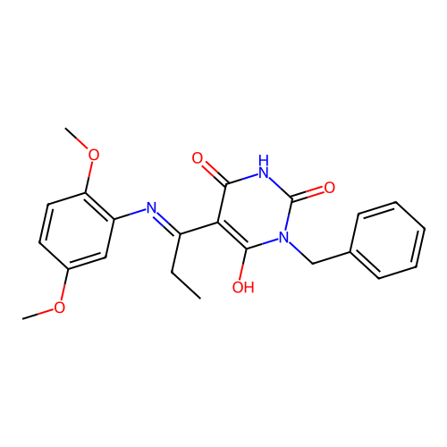 (5E)-1-benzyl-5-[1-(2,5-dimethoxyanilino)propylidene]-1,3-diazinane-2,4,6-trione structure