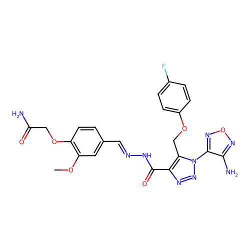 (E)-2-(4-((2-(1-(4-amino-1,2,5-oxadiazol-3-yl)-5-((4-fluorophenoxy)methyl)-1H-1,2,3-triazole-4-carbonyl)hydrazono)methyl)-2-methoxyphenoxy)acetamide structure