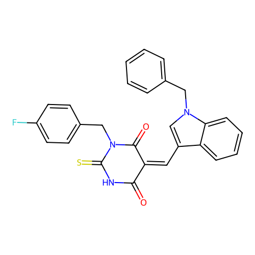 (5Z)-5-[(1-benzyl-1H-indol-3-yl)methylidene]-1-(4-fluorobenzyl)-2-sulfanylpyrimidine-4,6(1H,5H)-dione structure