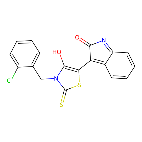 (E)-3-(2-chlorobenzyl)-5-(2-oxoindolin-3-ylidene)-2-thioxothiazolidin-4-one structure