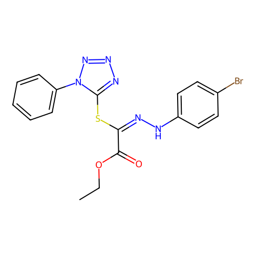 (E)-ethyl 2-(2-(4-bromophenyl)hydrazono)-2-((1-phenyl-1H-tetrazol-5-yl)thio)acetate structure