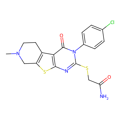 2-((3-(4-chlorophenyl)-7-methyl-4-oxo-3,4,5,6,7,8-hexahydropyrido[4',3':4,5]thieno[2,3-d]pyrimidin-2-yl)thio)acetamide structure