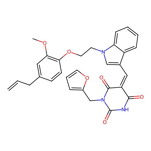 (Z)-5-((1-(2-(4-allyl-2-methoxyphenoxy)ethyl)-1H-indol-3-yl)methylene)-1-(furan-2-ylmethyl)pyrimidine-2,4,6(1H,3H,5H)-trione structure