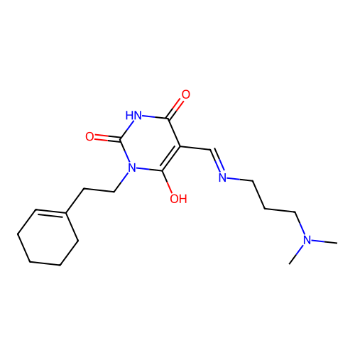 (5Z)-1-[2-(cyclohexen-1-yl)ethyl]-5-[[3-(dimethylamino)propylamino]methylidene]-1,3-diazinane-2,4,6-trione structure