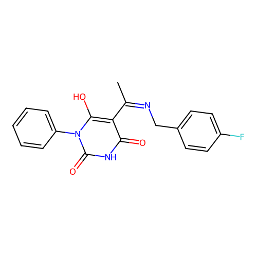 5-[1-[(4-fluorophenyl)methylamino]ethylidene]-1-phenyl-1,3-diazinane-2,4,6-trione structure