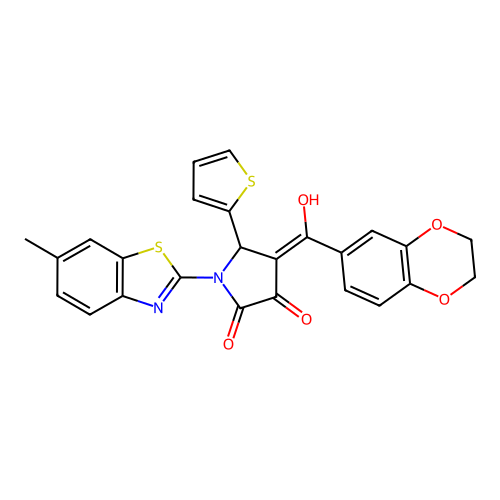 (4E)-4-[2,3-dihydro-1,4-benzodioxin-6-yl(hydroxy)methylidene]-1-(6-methyl-1,3-benzothiazol-2-yl)-5-(thiophen-2-yl)pyrrolidine-2,3-dione structure