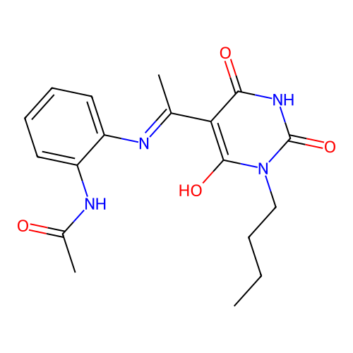 N-[2-[[(1Z)-1-(1-butyl-2,4,6-trioxo-1,3-diazinan-5-ylidene)ethyl]amino]phenyl]acetamide structure