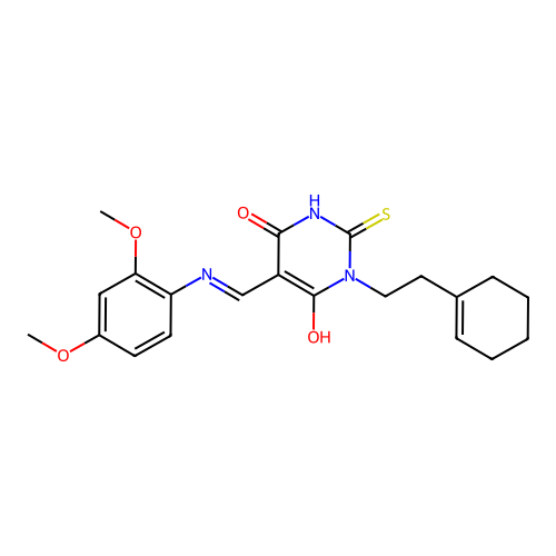 (Z)-1-(2-(cyclohex-1-en-1-yl)ethyl)-5-(((2,4-dimethoxyphenyl)amino)methylene)-2-thioxodihydropyrimidine-4,6(1H,5H)-dione structure