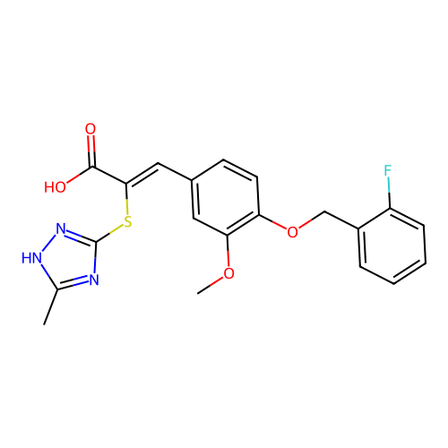 (2Z)-3-{4-[(2-fluorobenzyl)oxy]-3-methoxyphenyl}-2-[(3-methyl-1H-1,2,4-triazol-4-ium-5-yl)sulfanyl]prop-2-enoate structure