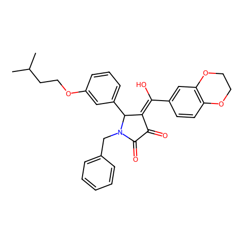 (4E)-1-benzyl-4-[2,3-dihydro-1,4-benzodioxin-6-yl(hydroxy)methylidene]-5-[3-(3-methylbutoxy)phenyl]pyrrolidine-2,3-dione structure